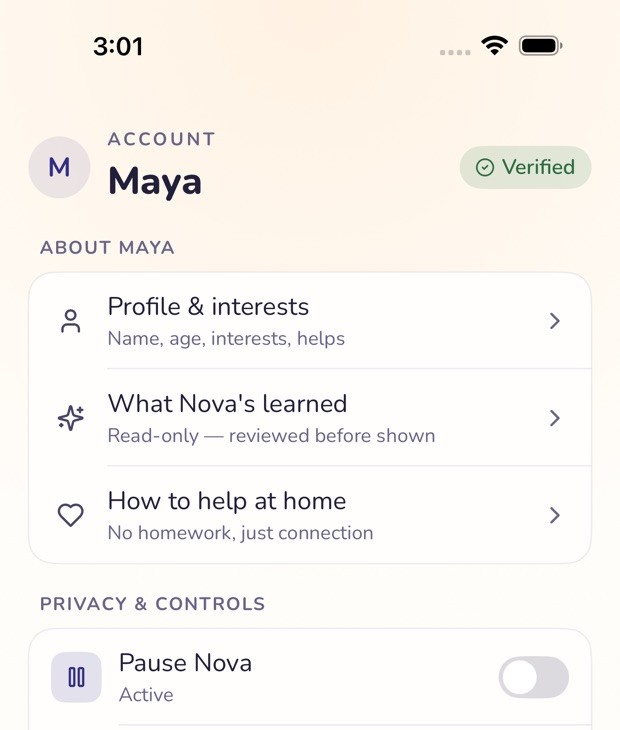 The Lantern Companion parent app, Account screen: Maya’s profile with a verified consent badge, and parent controls, beginning with the pause toggle.