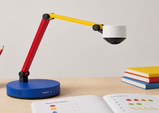 The Lantern device: a desk lamp with a red and yellow arm and a blue base, its camera head looking down at open workbooks on a desk.