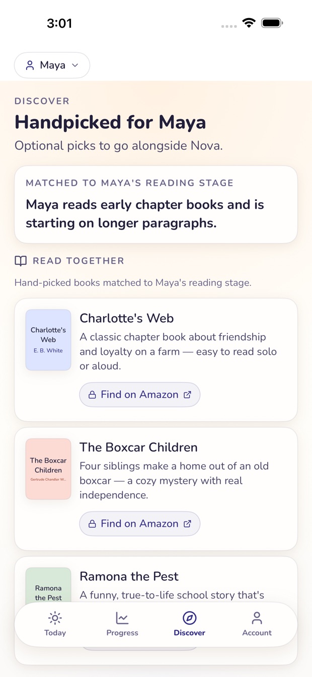 The Lantern parent app Discover screen: books handpicked for Maya’s reading stage, like Charlotte’s Web and The Boxcar Children.