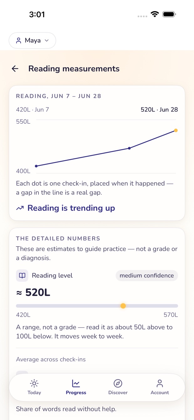 The Lantern parent app reading measurements: reading level rising from 420L to 520L, framed as estimates to guide practice, not a grade.