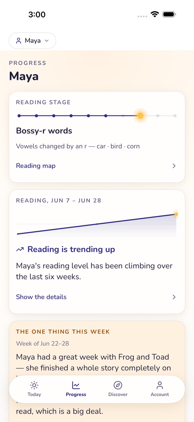 The Lantern parent app Progress screen: a clear view of reading trending up over the last six weeks.