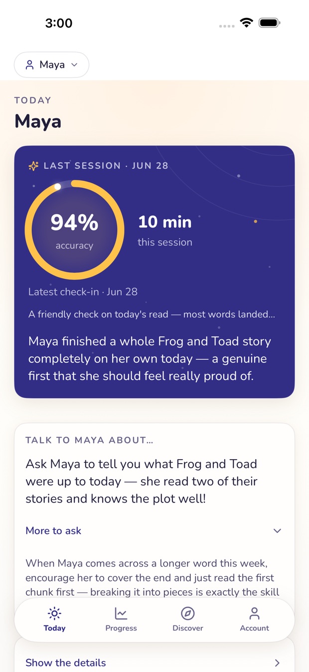 The Lantern Companion parent app, Today screen: a warm, plain-English recap of a child’s most recent reading session.